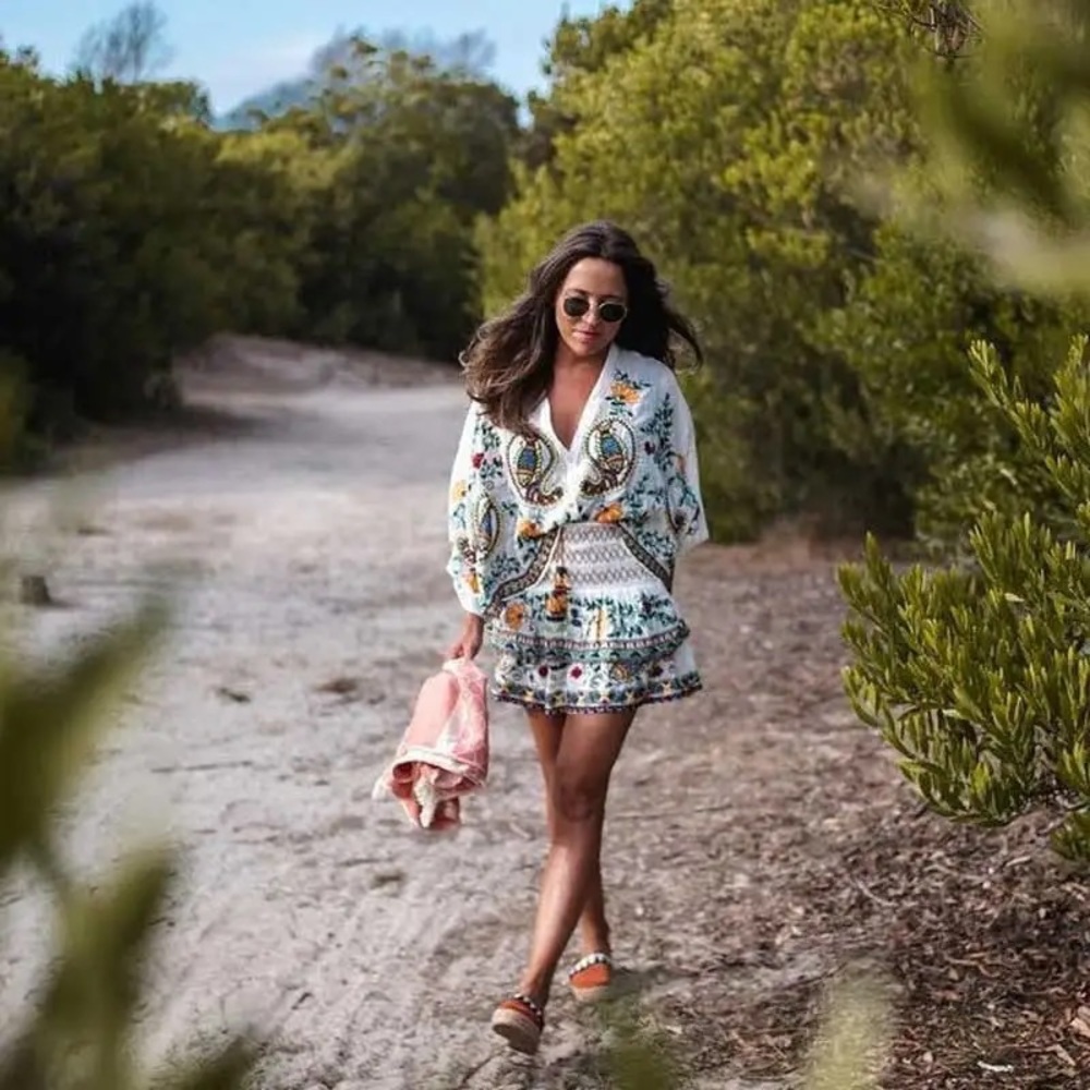 🌸Boho Summer Embroidered Flared Kimono 2 Piece Shirt & Skirt Set - Picture 2 of 11